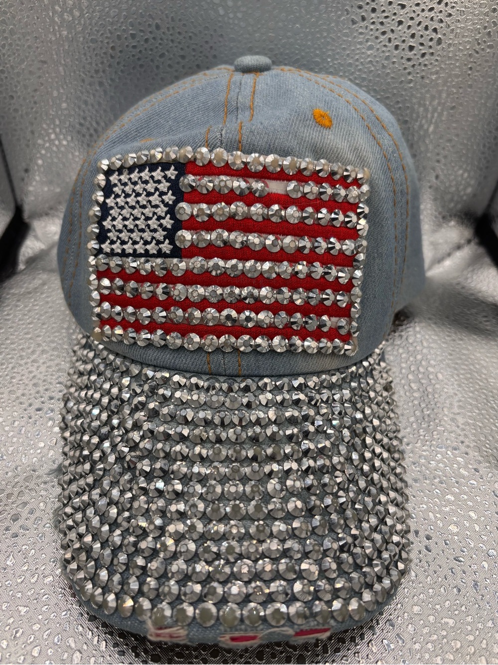 Falls Creek Denim Baseball Cap with Rhinestone American Flag - Blue & Red